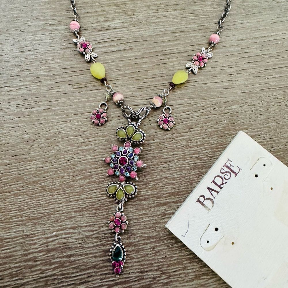 Barse 925 Silver Crystal Pink Green Spring Floral Cascading Necklace